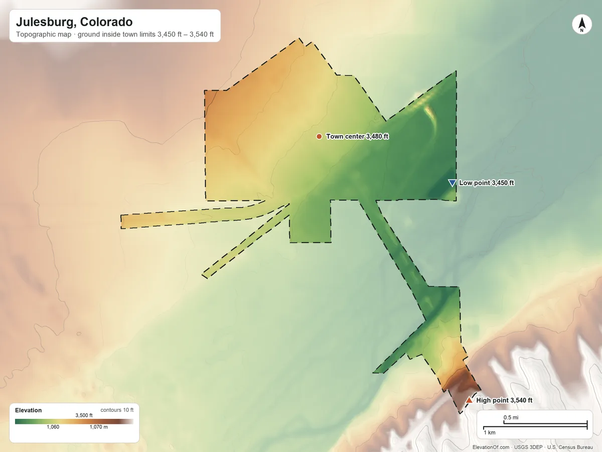Topographic elevation map of Julesburg, Colorado, shaded from 3,450 ft on the east side to 3,540 ft on the southeast side