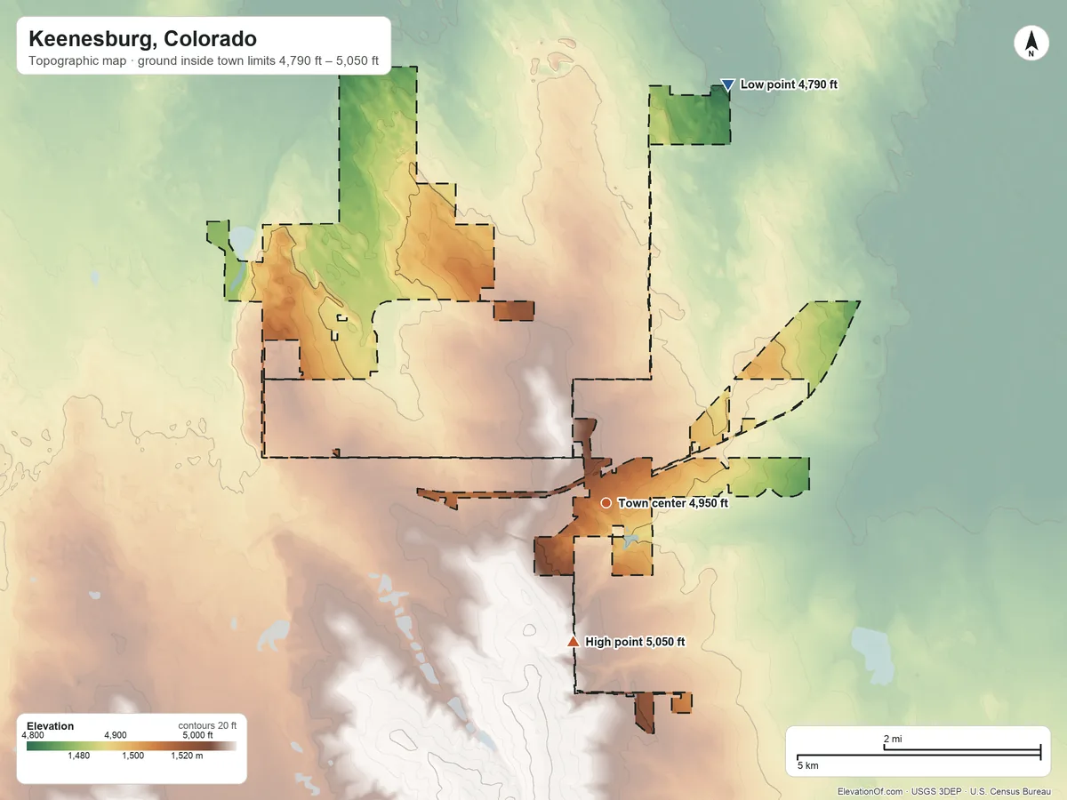Topographic elevation map of Keenesburg, Colorado, shaded from 4,790 ft on the north side to 5,050 ft on the south side