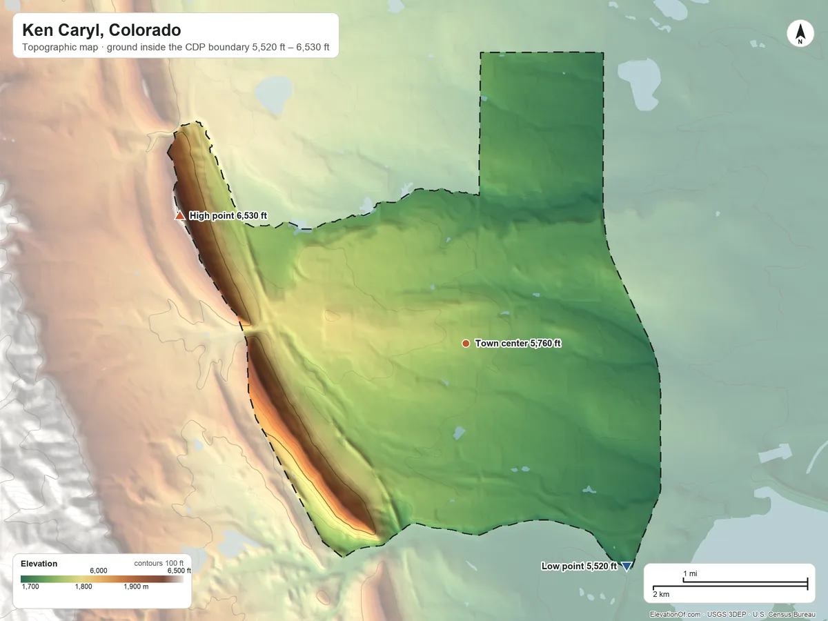 Topographic elevation map of Ken Caryl, Colorado, shaded from 5,520 ft on the southeast side to 6,530 ft on the northwest edge, below higher ground just outside