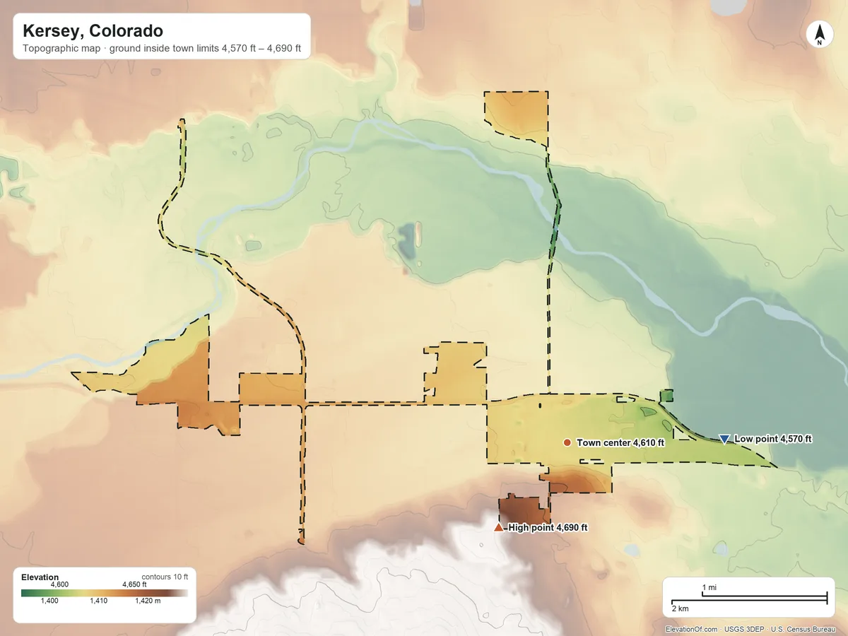 Topographic elevation map of Kersey, Colorado, shaded from 4,570 ft on the east side to 4,690 ft on the southwest side