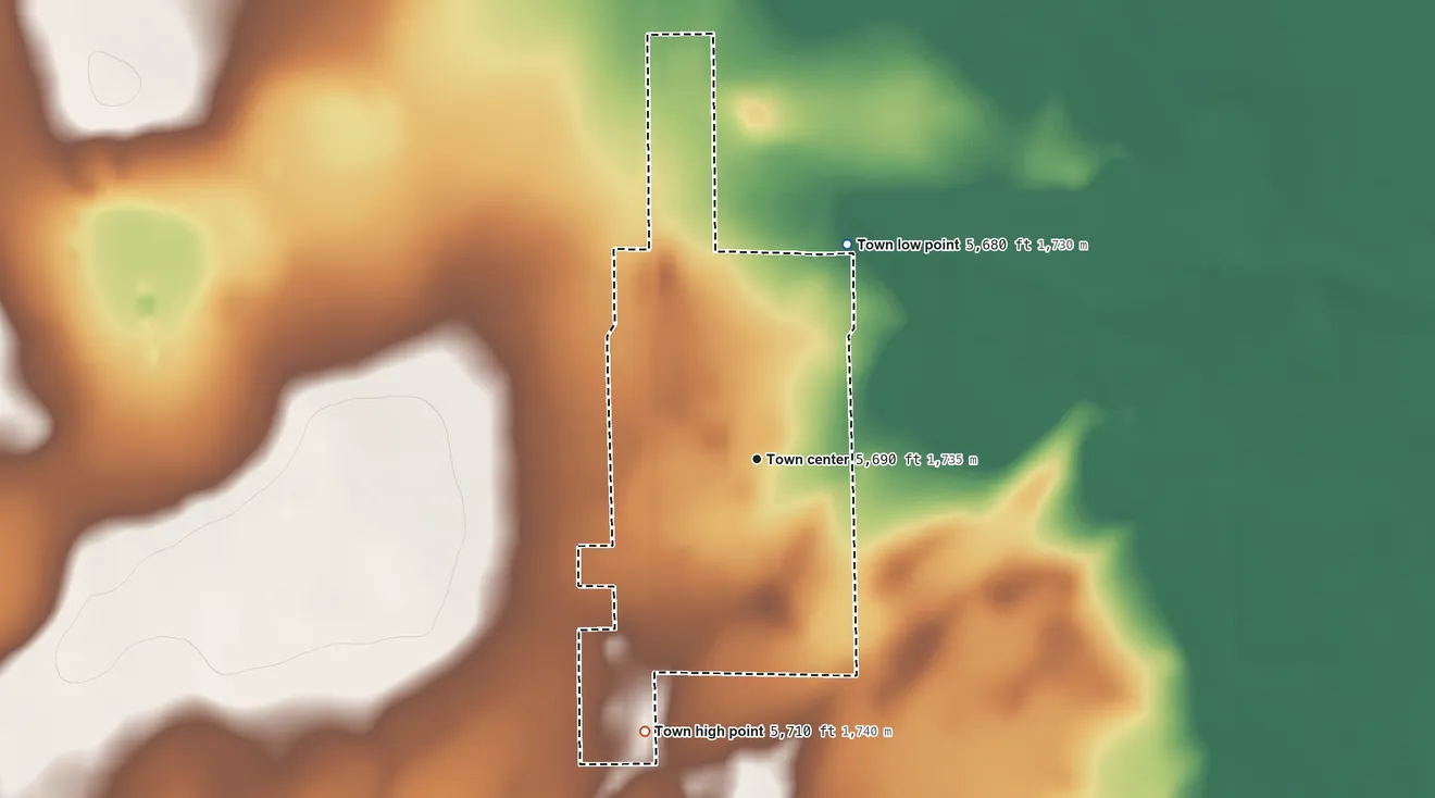 Topographic elevation map of Kim, Colorado, shaded from 5,680 ft on the northeast side to 5,710 ft on the south side