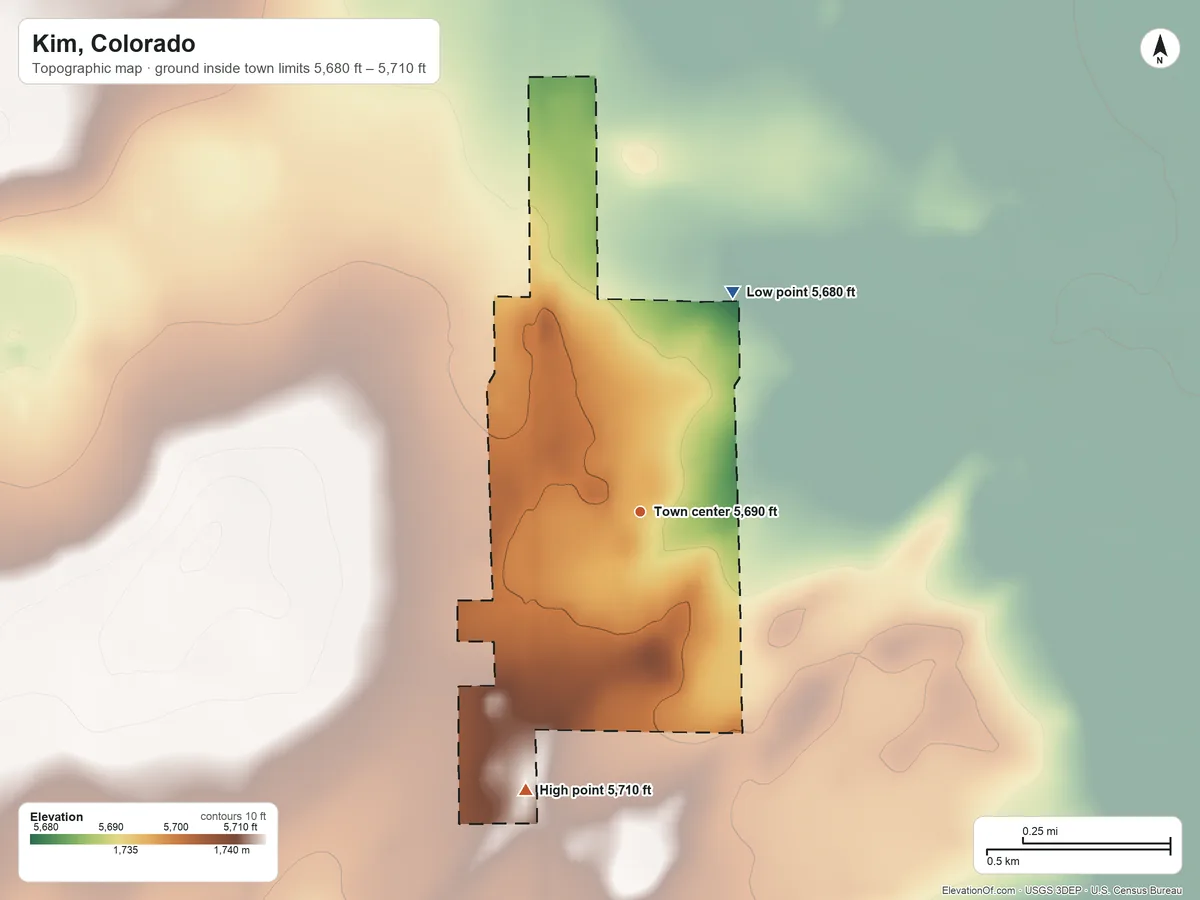 Topographic elevation map of Kim, Colorado, shaded from 5,680 ft on the northeast side to 5,710 ft on the south side