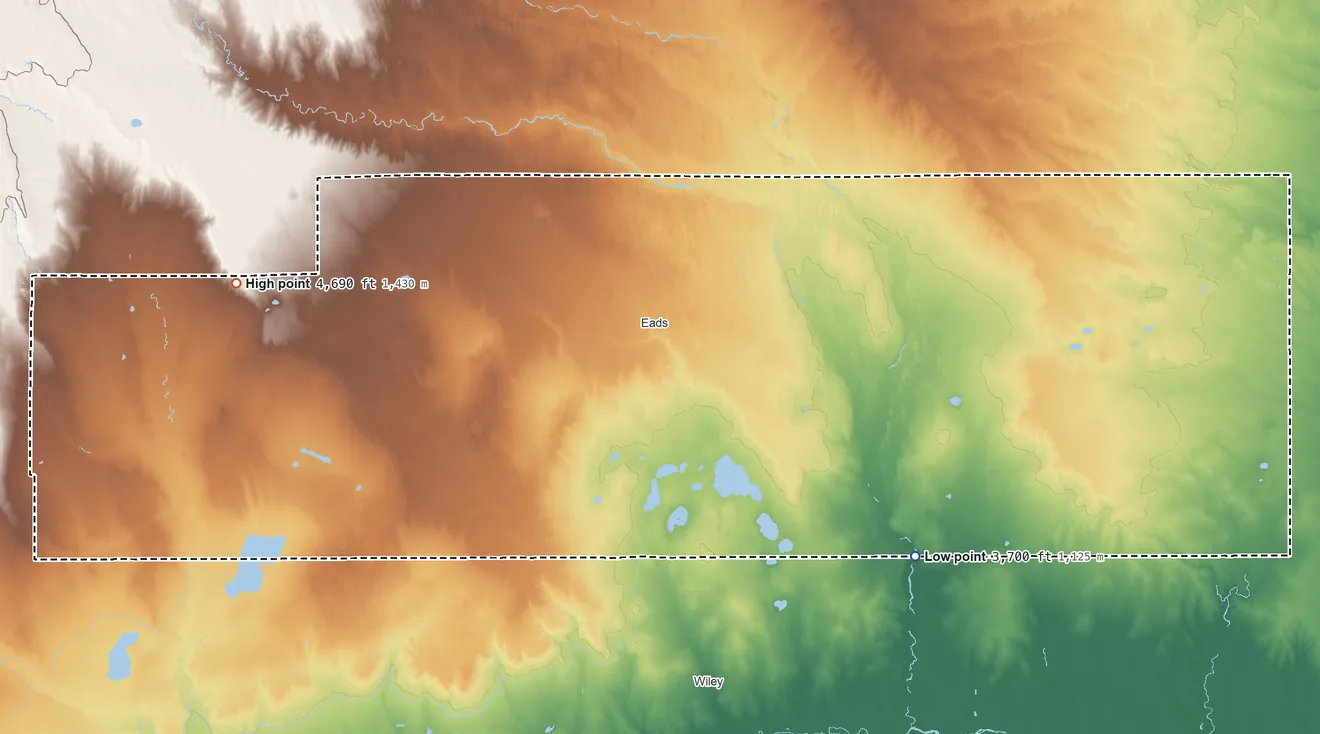 Topographic elevation map of Kiowa County, Colorado, shaded from 3,700 ft on the southeast side to 4,690 ft on the west side