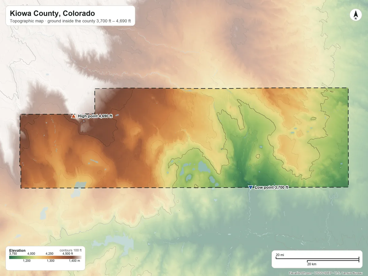 Topographic elevation map of Kiowa County, Colorado, shaded from 3,700 ft on the southeast side to 4,690 ft on the west side