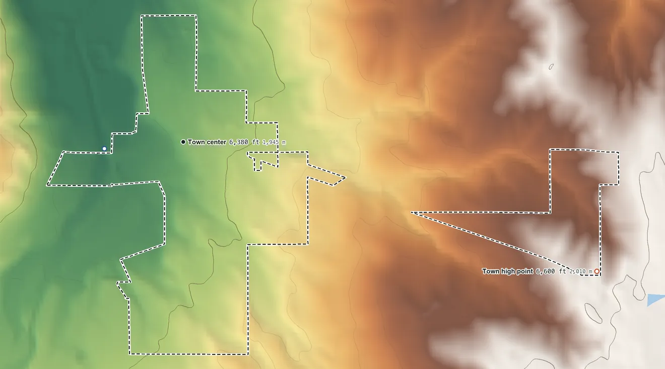 Topographic elevation map of Kiowa, Colorado, shaded from 6,330 ft on the west side to 6,600 ft on the east side