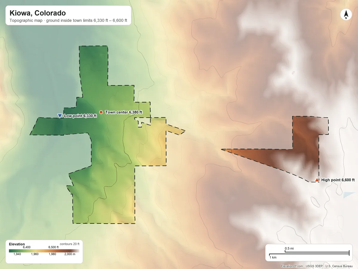 Topographic elevation map of Kiowa, Colorado, shaded from 6,330 ft on the west side to 6,600 ft on the east side
