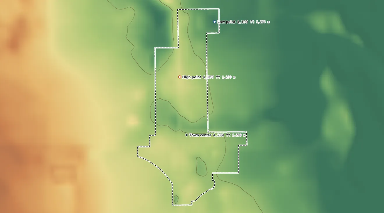 Topographic elevation map of Kirk, Colorado, shaded from 4,190 ft on the north side to 4,200 ft on the north side