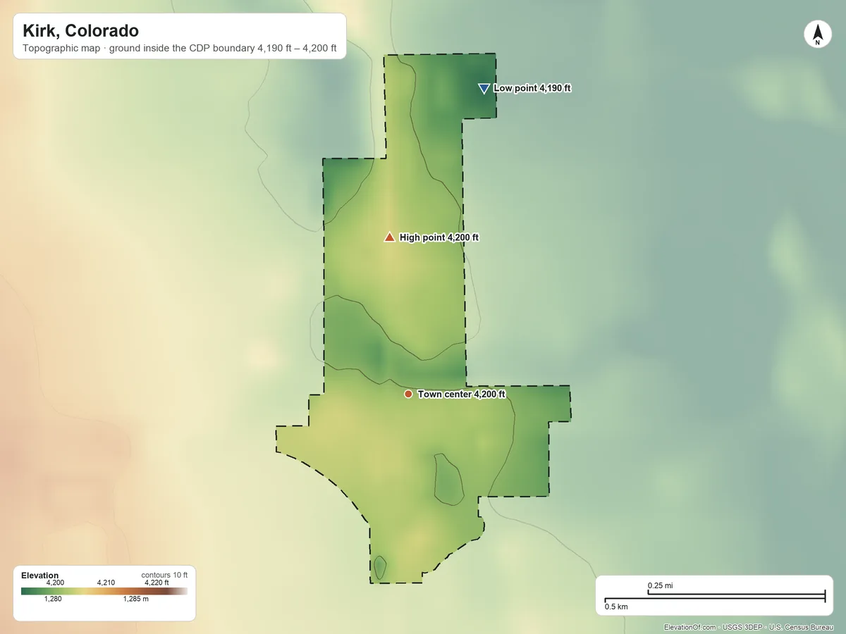 Topographic elevation map of Kirk, Colorado, shaded from 4,190 ft on the north side to 4,200 ft on the north side