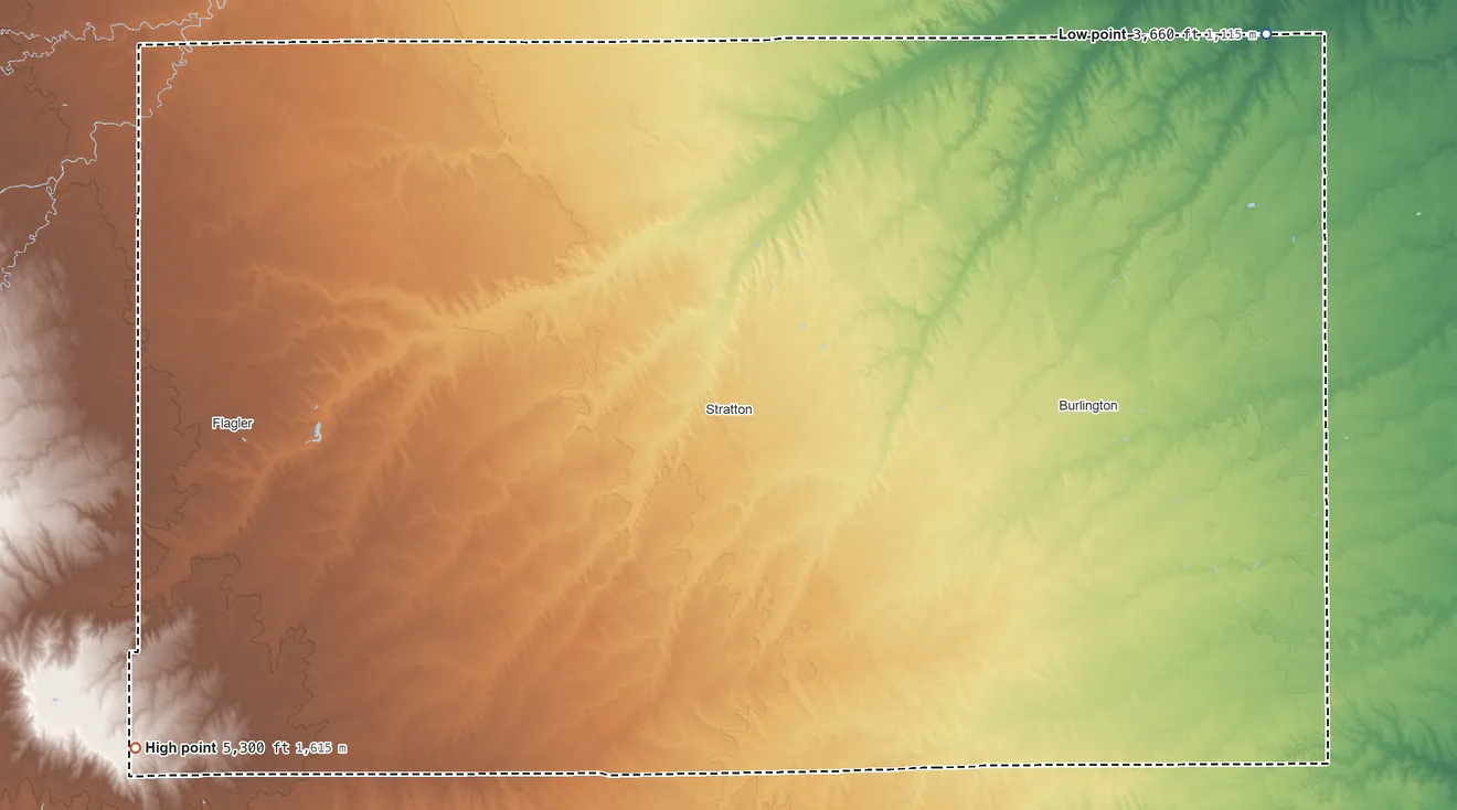 Topographic elevation map of Kit Carson County, Colorado, shaded from 3,660 ft on the northeast side to 5,300 ft on the southwest side