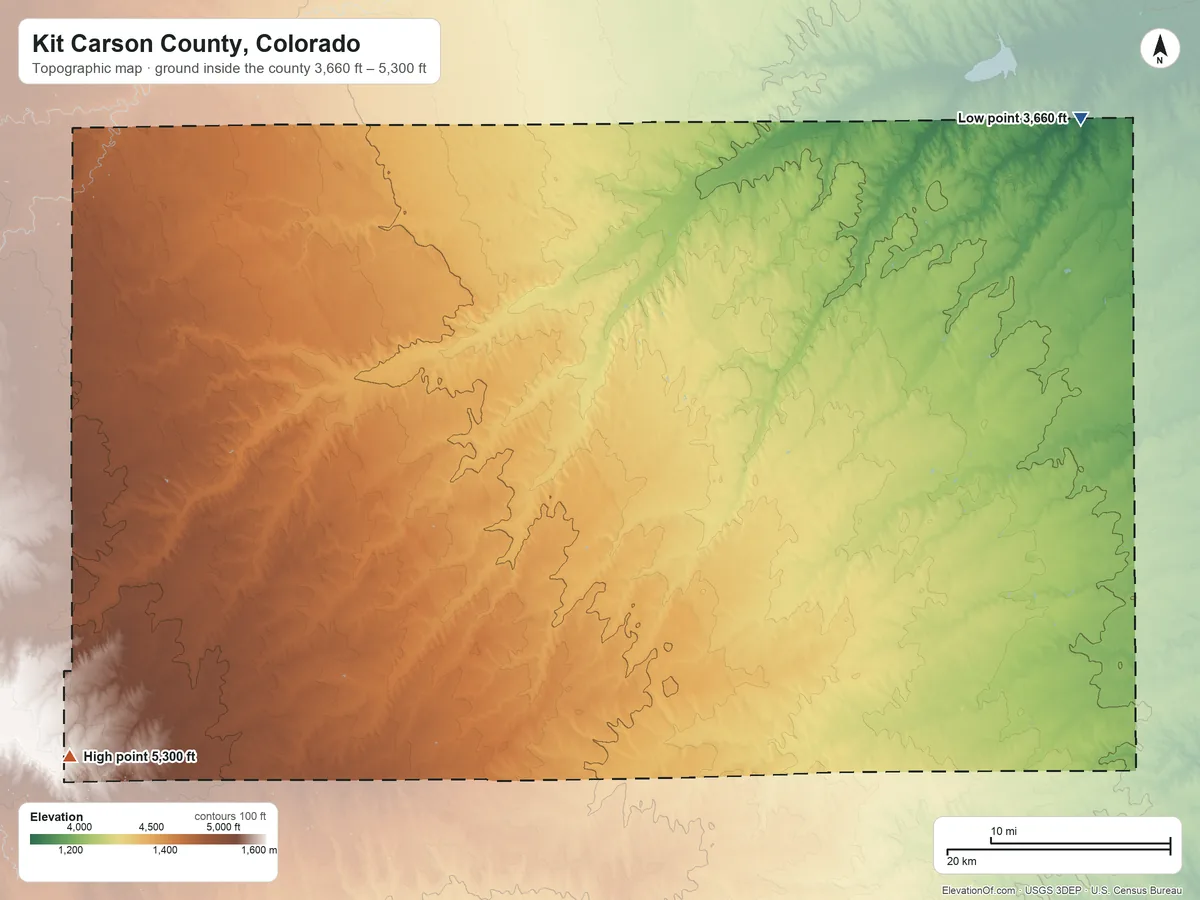 Topographic elevation map of Kit Carson County, Colorado, shaded from 3,660 ft on the northeast side to 5,300 ft on the southwest side