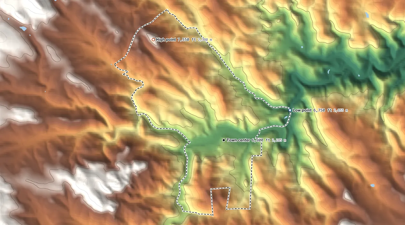 Topographic elevation map of Kittredge, Colorado, shaded from 6,750 ft on the northeast side to 7,550 ft on the northwest edge, below higher ground just outside
