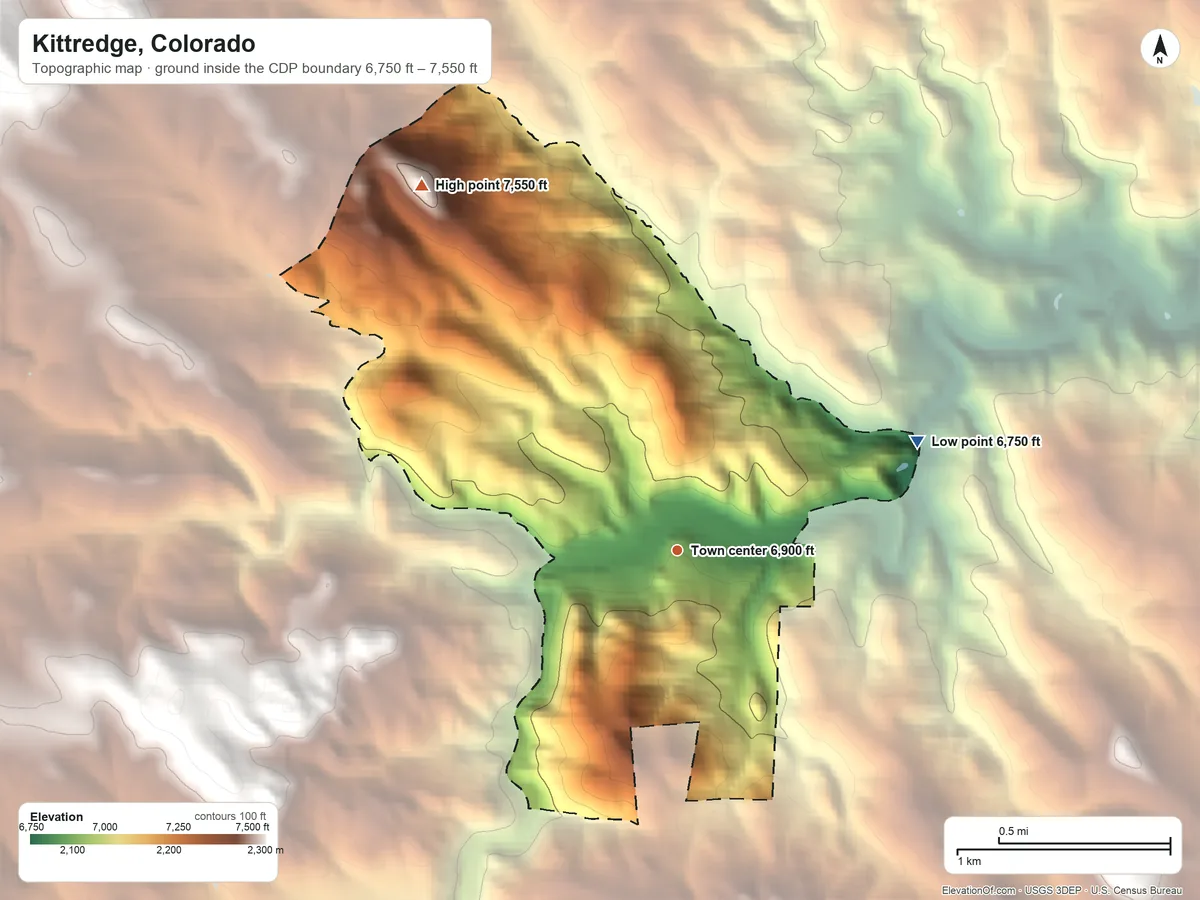Topographic elevation map of Kittredge, Colorado, shaded from 6,750 ft on the northeast side to 7,550 ft on the northwest edge, below higher ground just outside