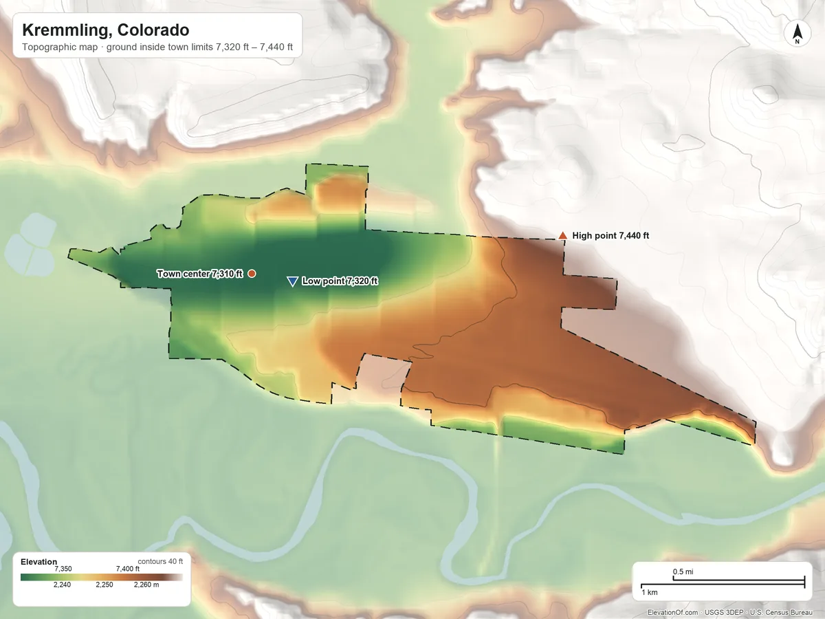 Topographic elevation map of Kremmling, Colorado, shaded from 7,320 ft near the middle to 7,440 ft on the east edge, below higher ground just outside