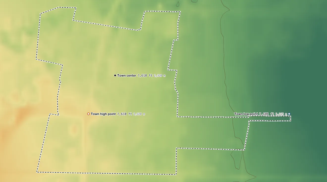 Topographic elevation map of La Jara, Colorado, shaded from 7,600 ft on the east side to 7,610 ft on the southwest side