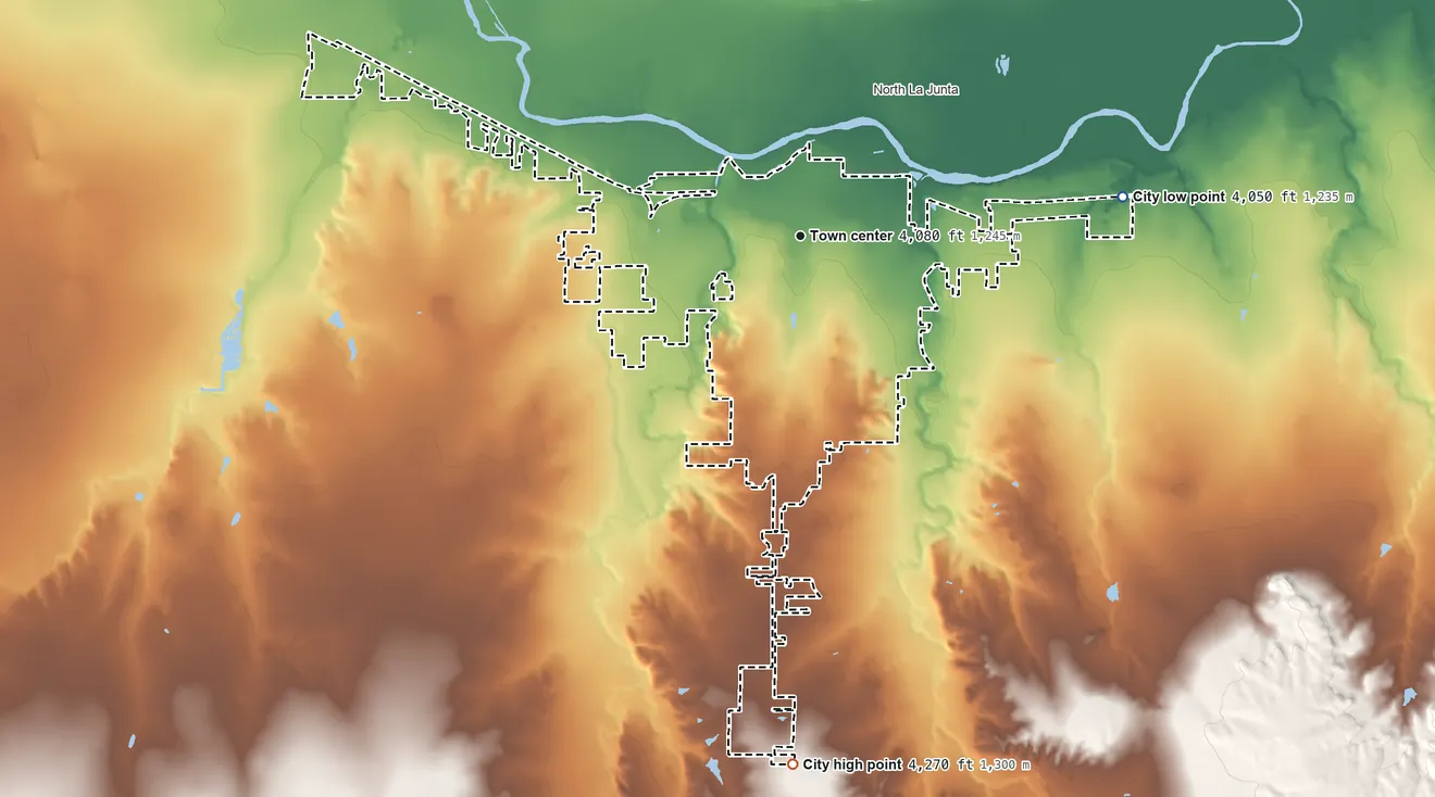 Topographic elevation map of La Junta, Colorado, shaded from 4,050 ft on the east side to 4,270 ft on the south side