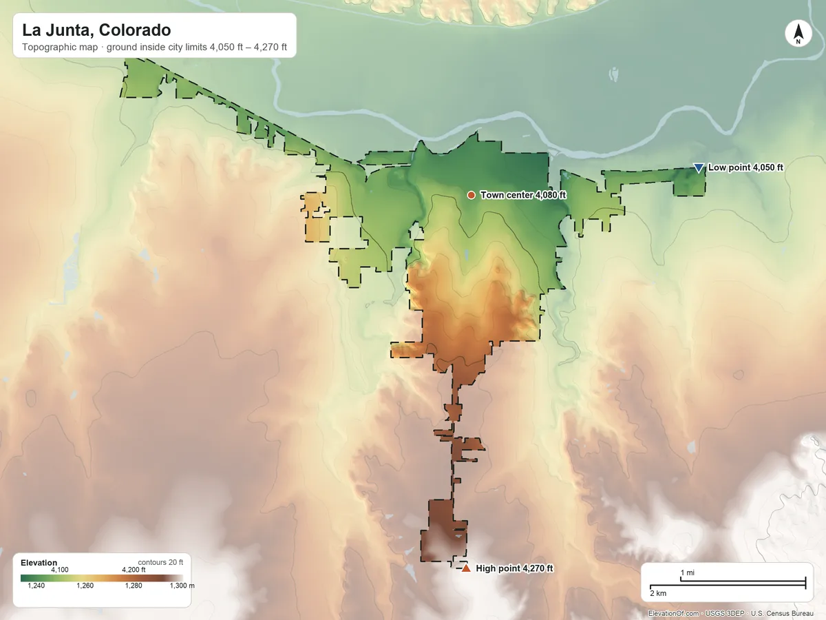 Topographic elevation map of La Junta, Colorado, shaded from 4,050 ft on the east side to 4,270 ft on the south side