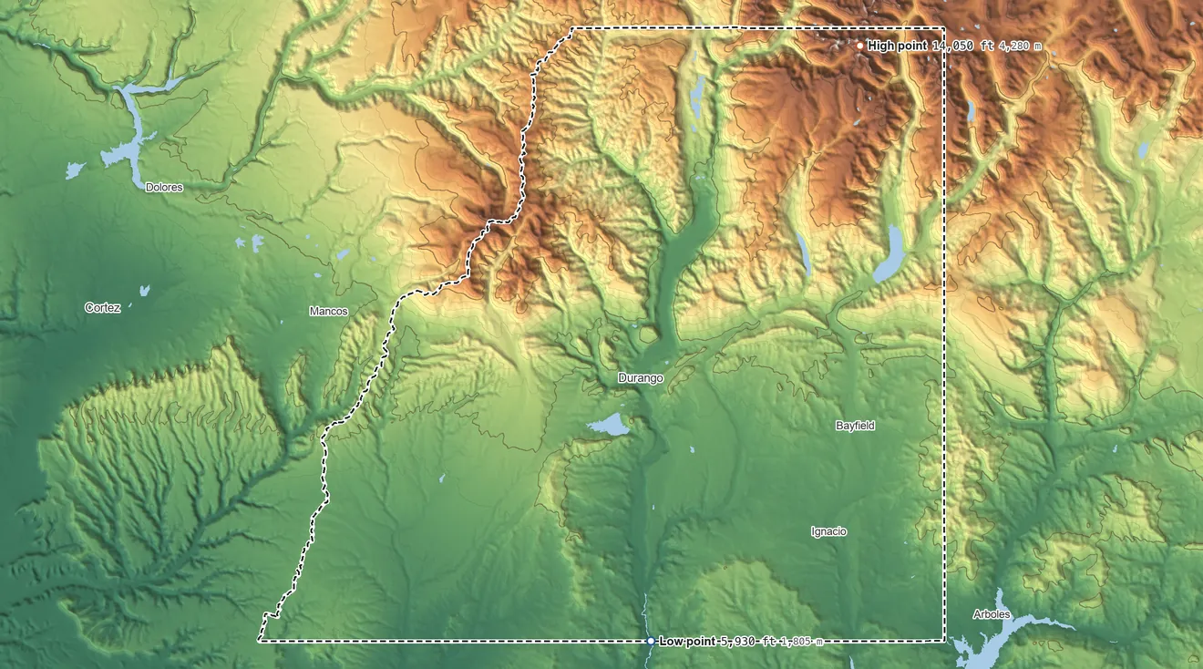 Topographic elevation map of La Plata County, Colorado, shaded from 5,930 ft on the south side to 14,050 ft on Windom Peak