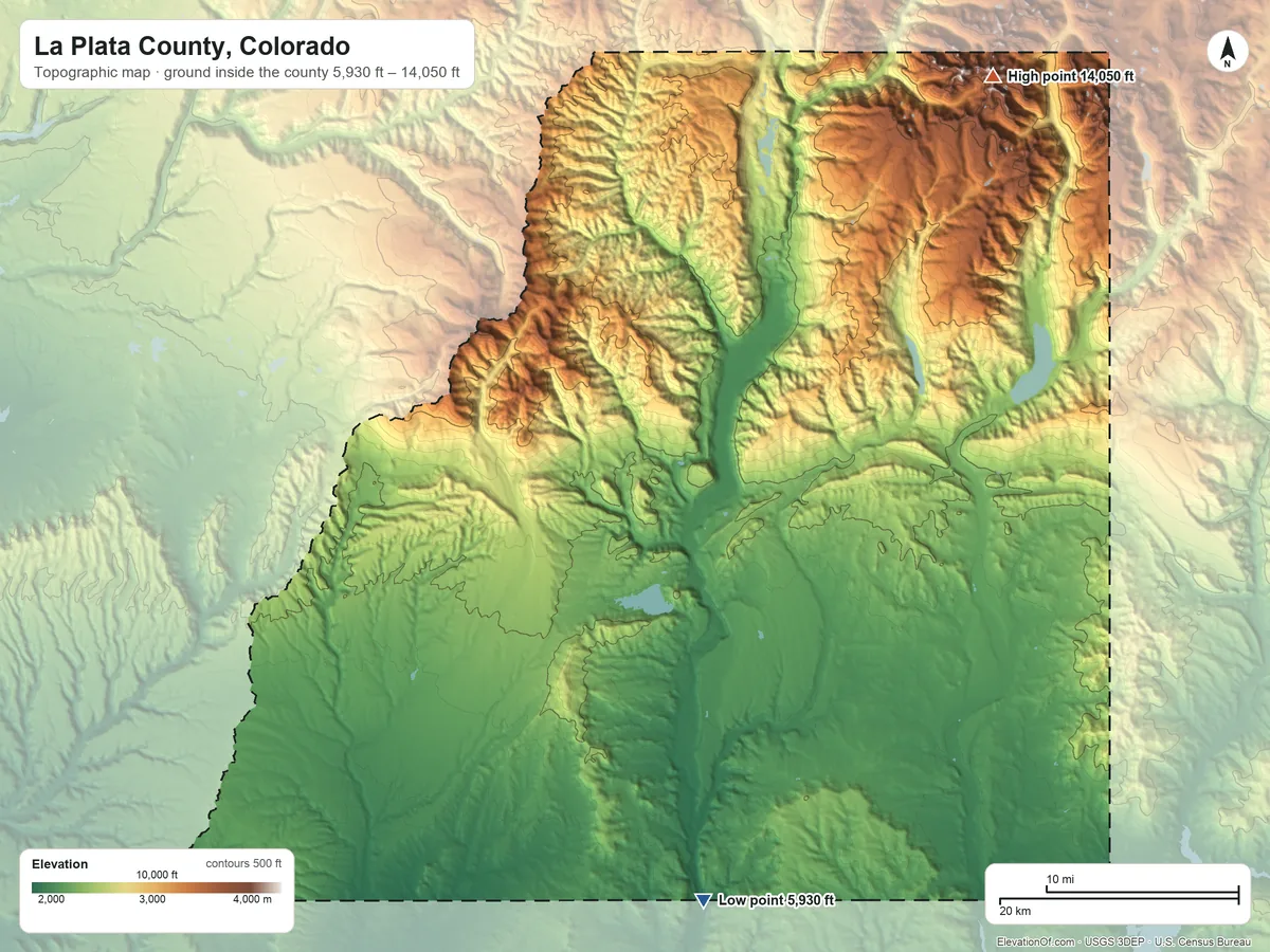 Topographic elevation map of La Plata County, Colorado, shaded from 5,930 ft on the south side to 14,050 ft on Windom Peak