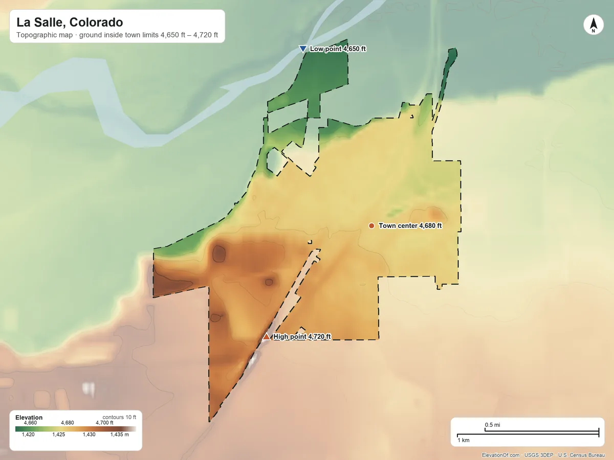 Topographic elevation map of La Salle, Colorado, shaded from 4,650 ft on the north side to 4,720 ft on the southwest side