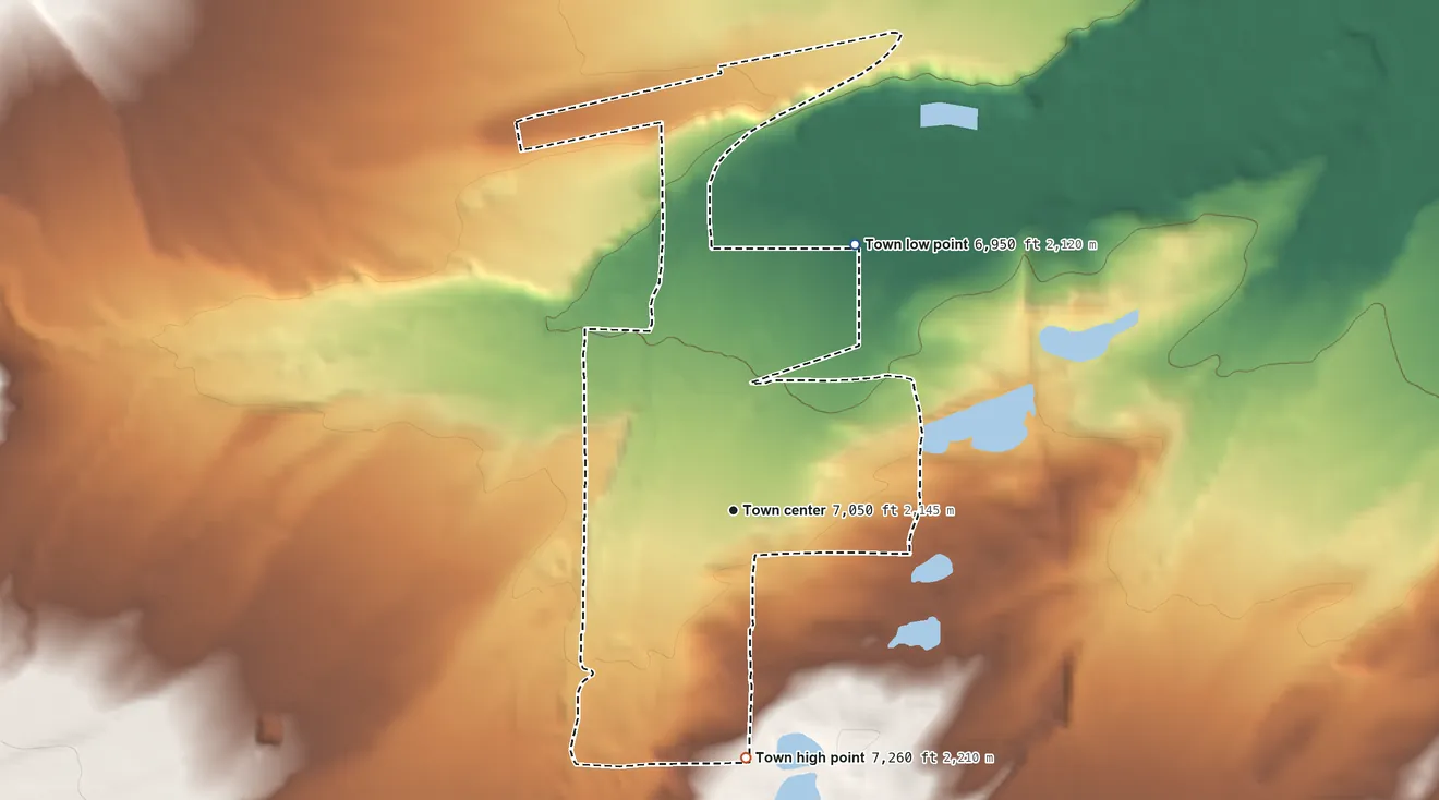 Topographic elevation map of La Veta, Colorado, shaded from 6,950 ft on the northeast side to 7,260 ft on the south edge, below higher ground just outside
