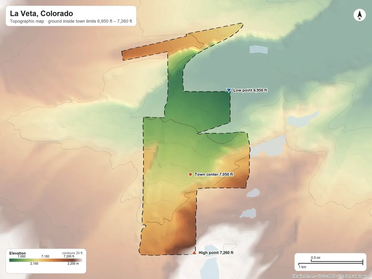 Topographic elevation map of La Veta, Colorado, shaded from 6,950 ft on the northeast side to 7,260 ft on the south edge, below higher ground just outside