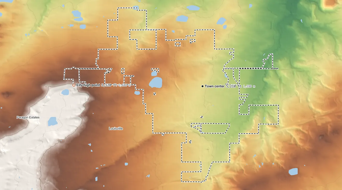Topographic elevation map of Lafayette, Colorado, shaded from 5,030 ft on the north side to 5,520 ft on the west side