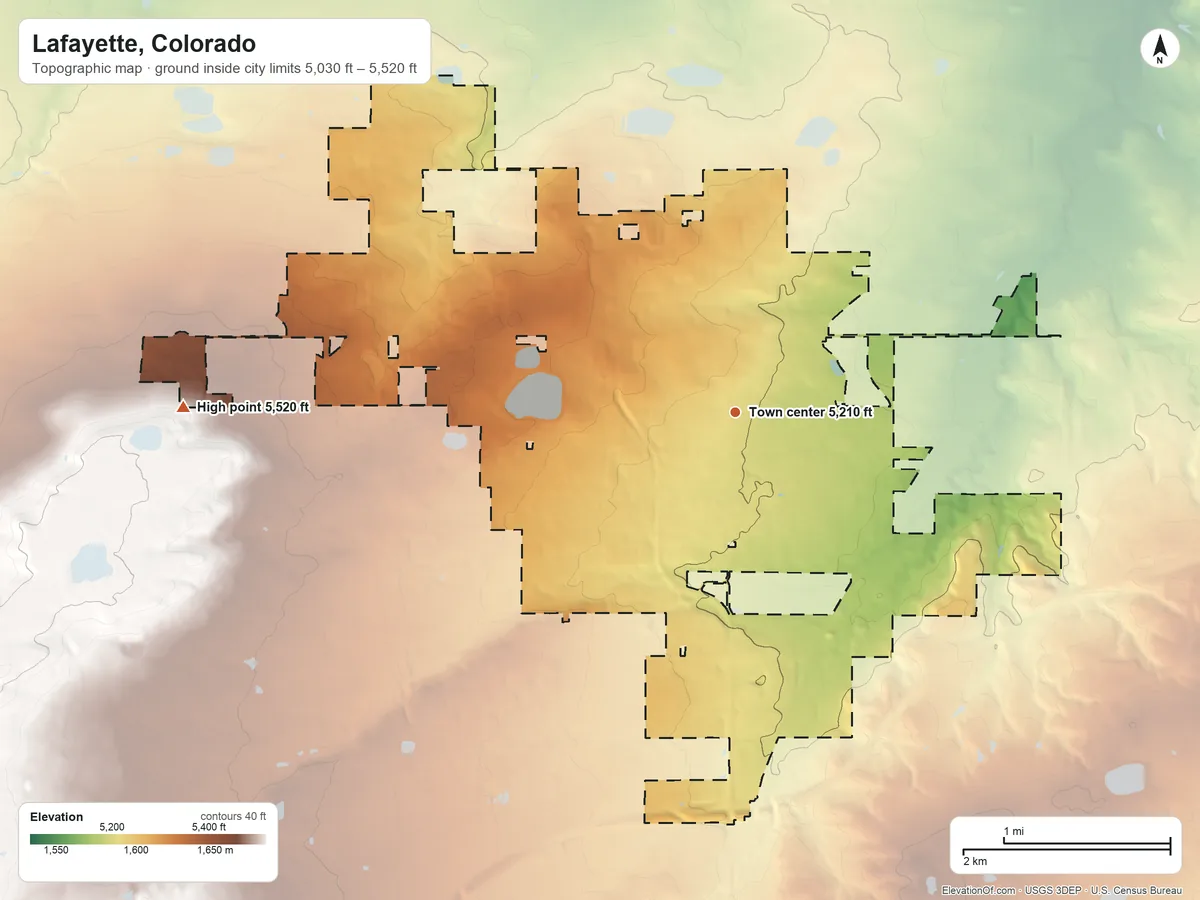 Topographic elevation map of Lafayette, Colorado, shaded from 5,030 ft on the north side to 5,520 ft on the west side