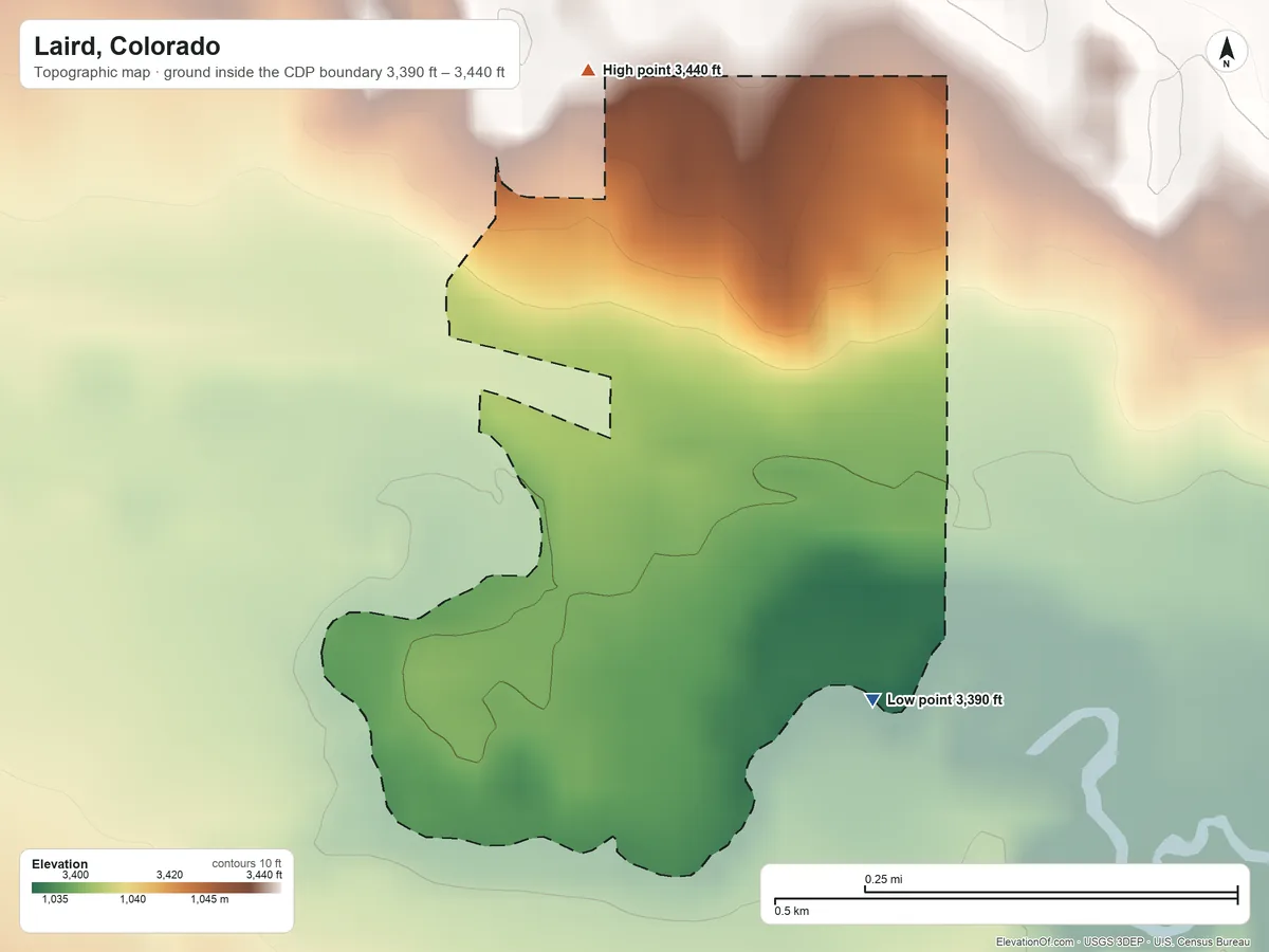 Topographic elevation map of Laird, Colorado, shaded from 3,390 ft on the southeast side to 3,440 ft on the north side