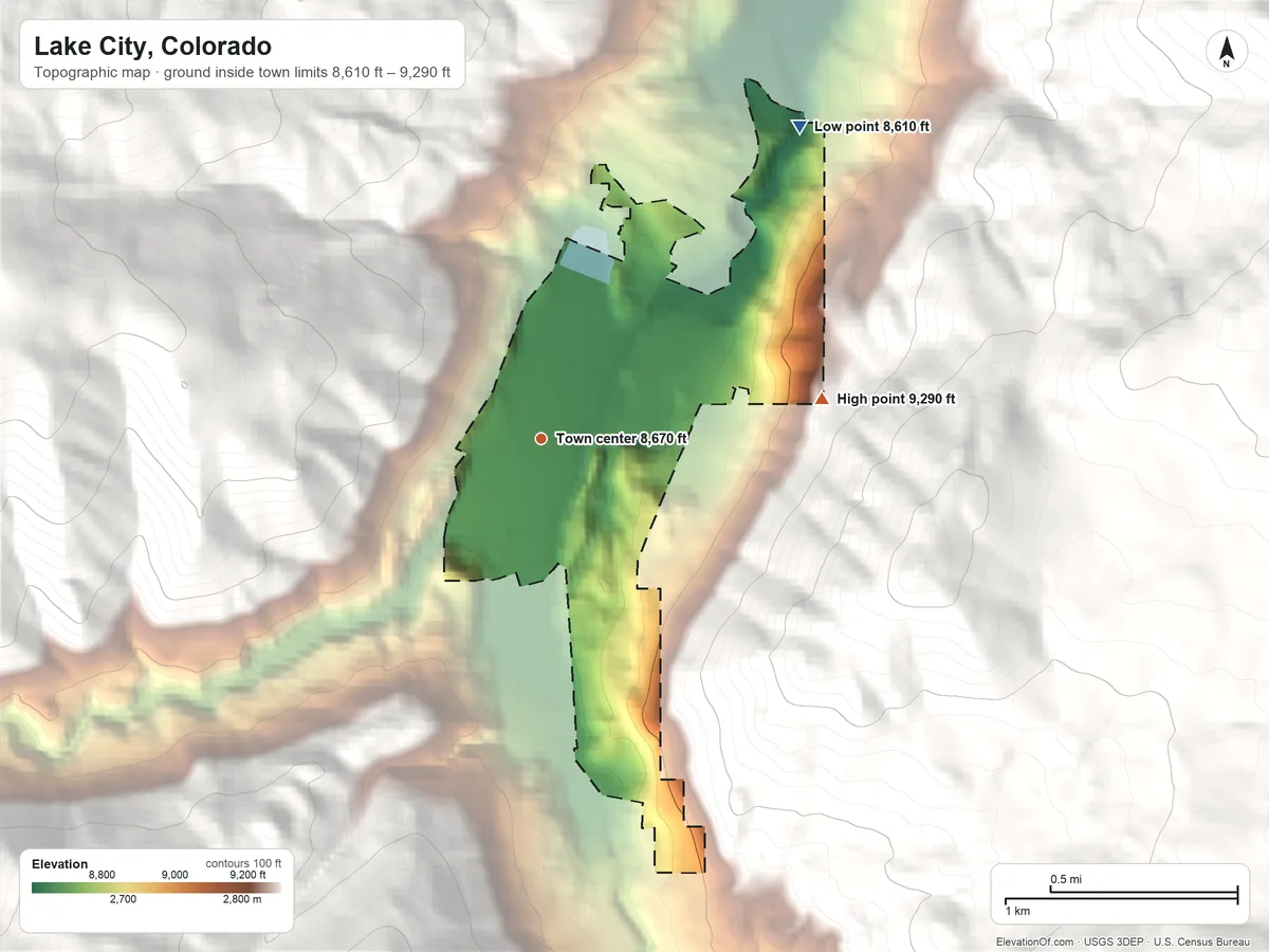 Topographic elevation map of Lake City, Colorado, shaded from 8,610 ft on the northeast side to 9,290 ft on the east edge, below higher ground just outside