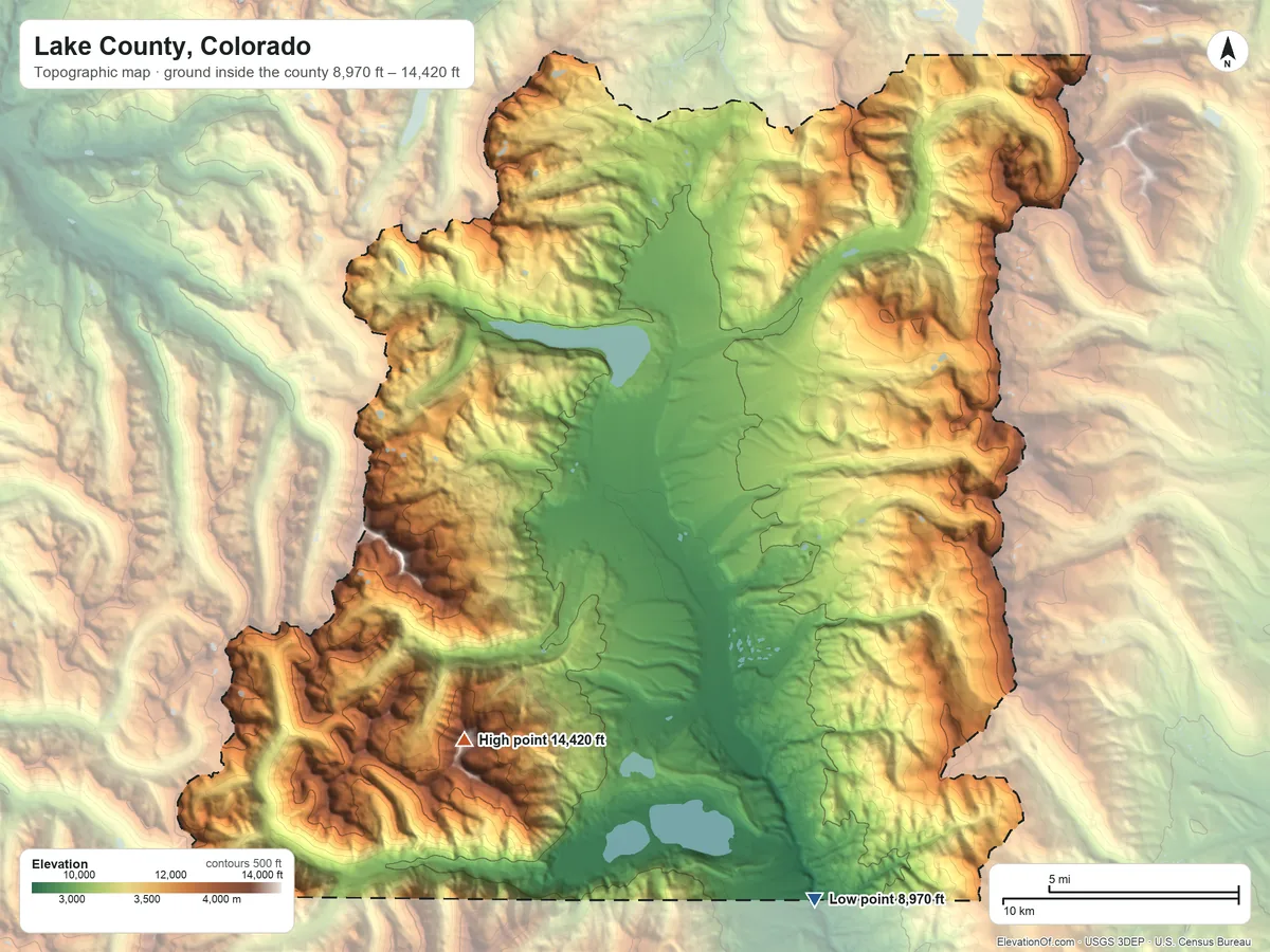 Topographic elevation map of Lake County, Colorado, shaded from 8,970 ft on the southeast side to 14,420 ft on Mount Elbert