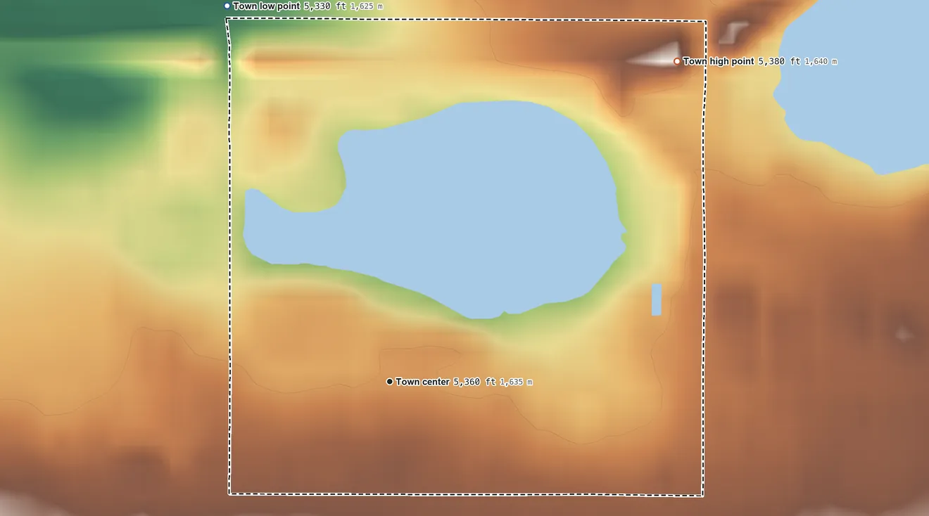 Topographic elevation map of Lakeside, Colorado, shaded from 5,330 ft on the northwest side to 5,380 ft on the northeast side