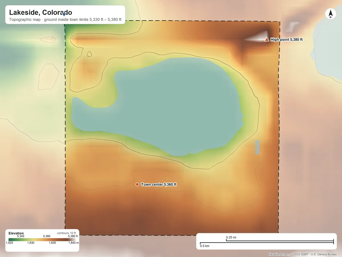 Topographic elevation map of Lakeside, Colorado, shaded from 5,330 ft on the northwest side to 5,380 ft on the northeast side