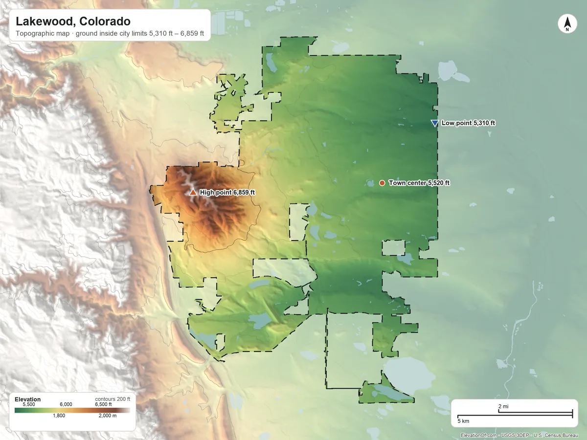 Topographic elevation map of Lakewood, Colorado, shaded from 5,310 ft on the northeast side to 6,859 ft on Green Mountain