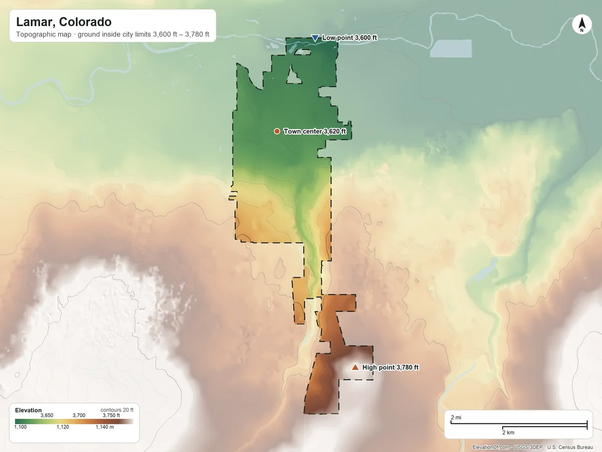 Topographic elevation map of Lamar, Colorado, shaded from 3,600 ft on the north side to 3,780 ft on the south side