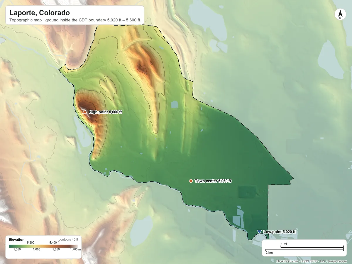 Topographic elevation map of Laporte, Colorado, shaded from 5,020 ft on the southeast side to 5,600 ft on Goat Hill