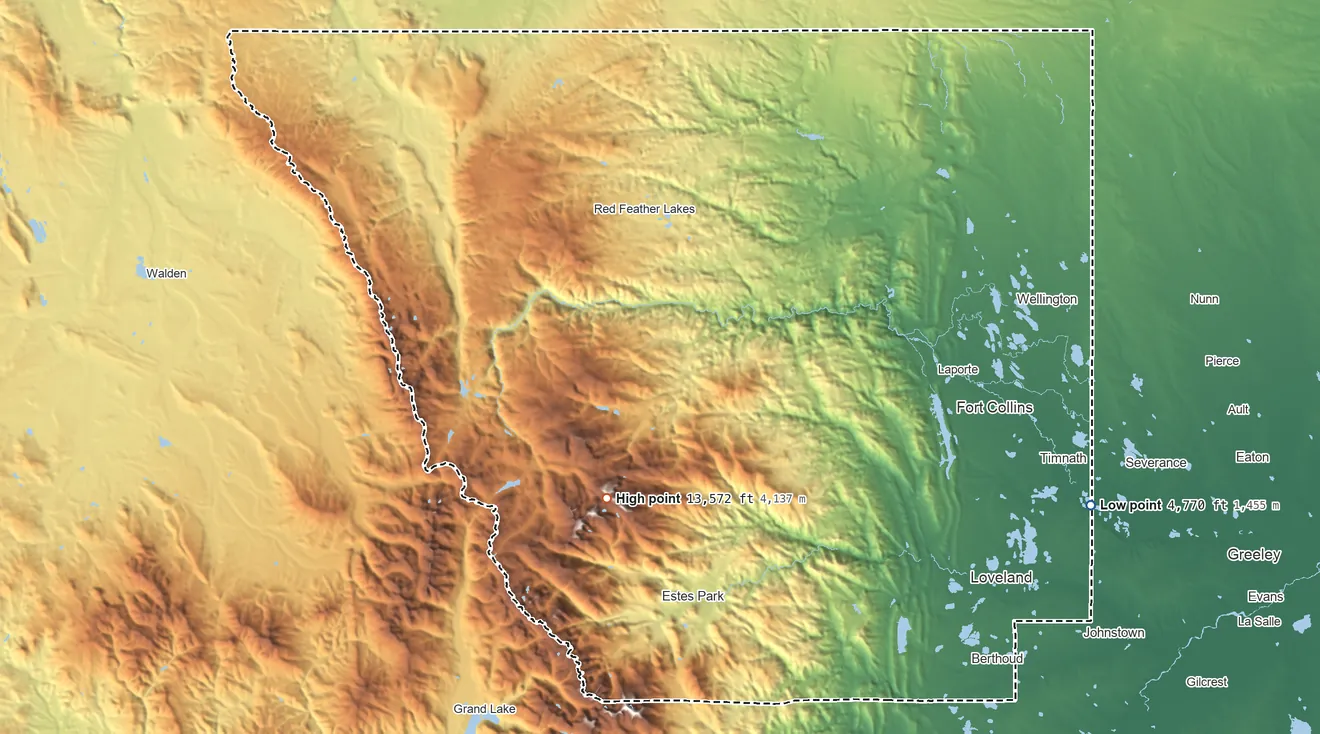Topographic elevation map of Larimer County, Colorado, shaded from 4,770 ft on the east side to 13,572 ft on Hagues Peak