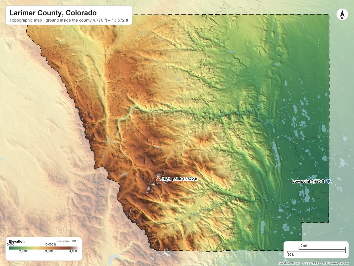 Topographic elevation map of Larimer County, Colorado, shaded from 4,770 ft on the east side to 13,572 ft on Hagues Peak