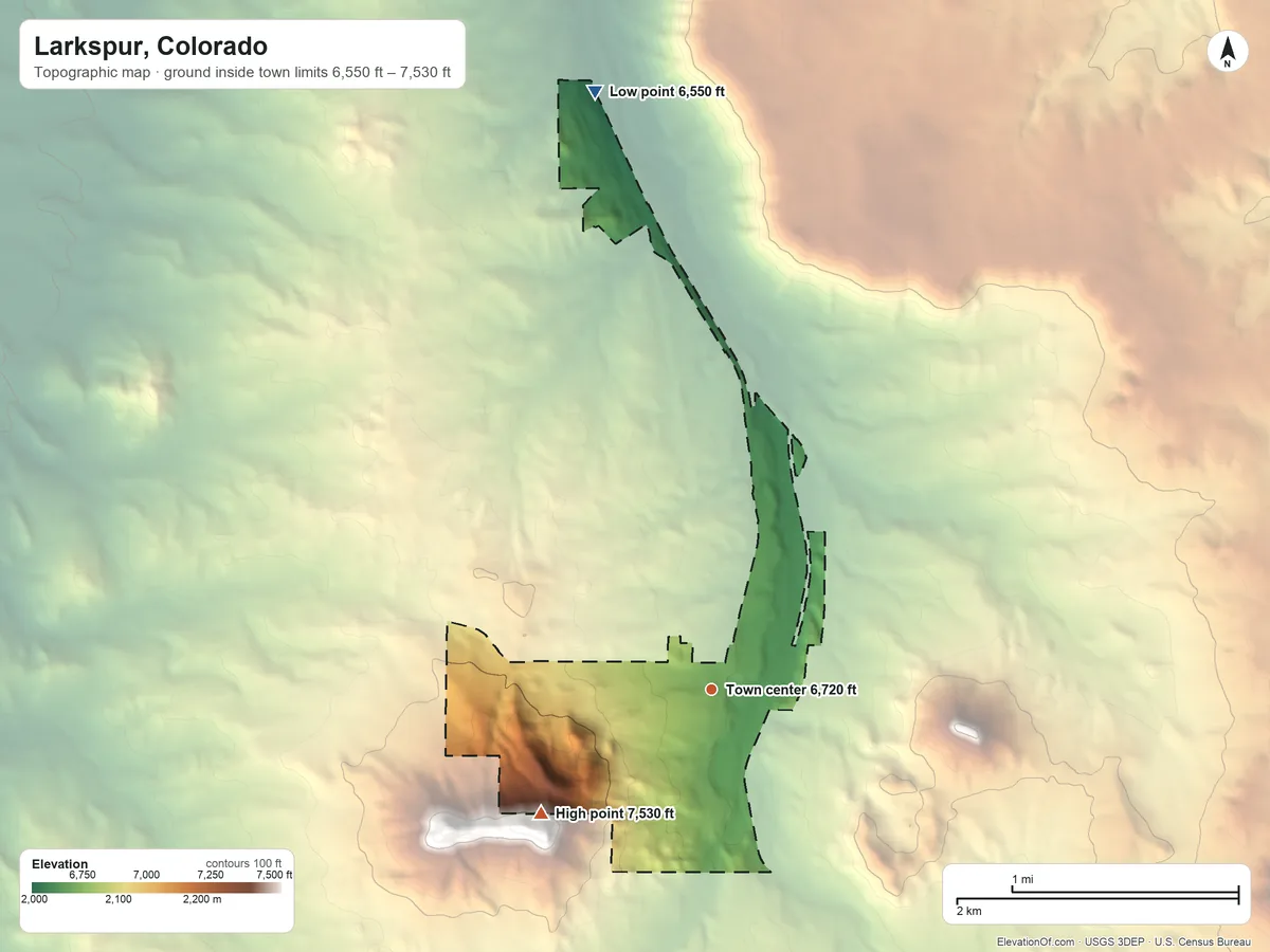 Topographic elevation map of Larkspur, Colorado, shaded from 6,550 ft on the north side to 7,530 ft on the southwest edge, below higher ground just outside