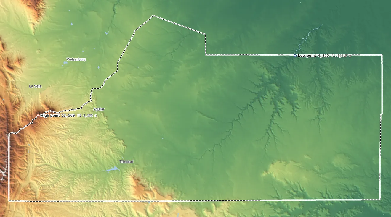 Topographic elevation map of Las Animas County, Colorado, shaded from 4,320 ft on the northeast side to 13,560 ft on West Spanish Peak