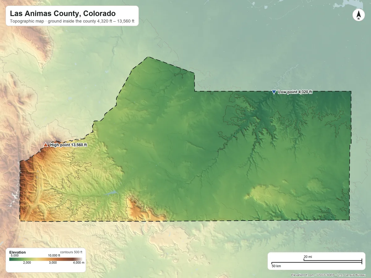 Topographic elevation map of Las Animas County, Colorado, shaded from 4,320 ft on the northeast side to 13,560 ft on West Spanish Peak