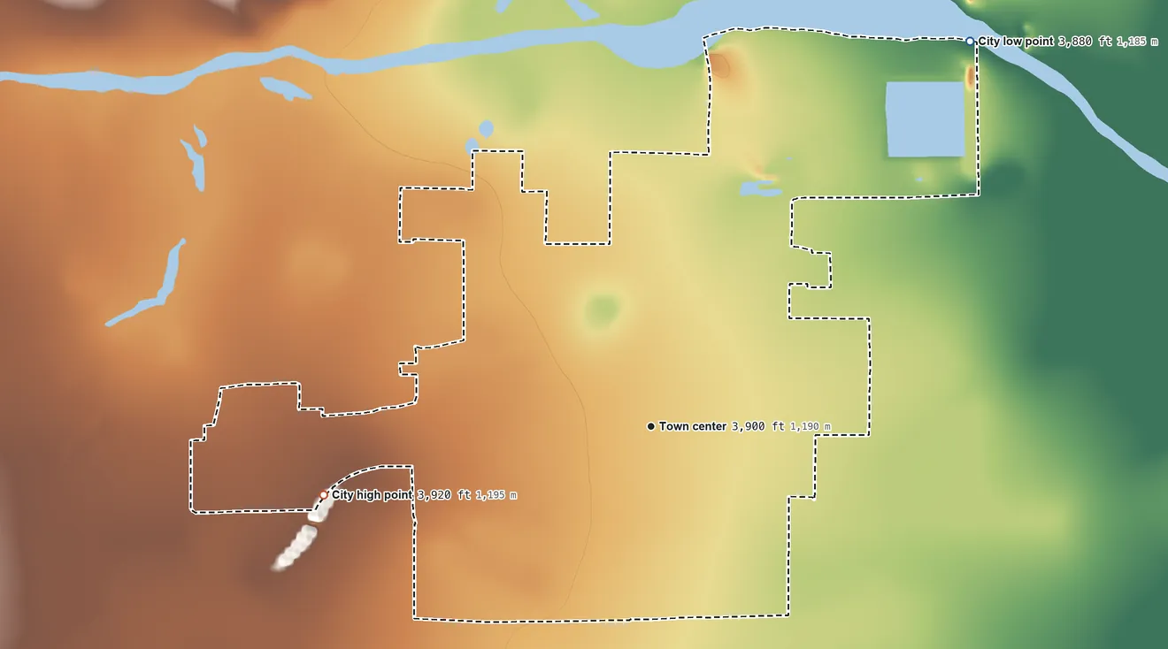 Topographic elevation map of Las Animas, Colorado, shaded from 3,880 ft on the northeast side to 3,920 ft on the west side