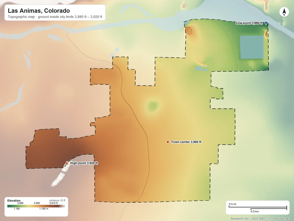 Topographic elevation map of Las Animas, Colorado, shaded from 3,880 ft on the northeast side to 3,920 ft on the west side
