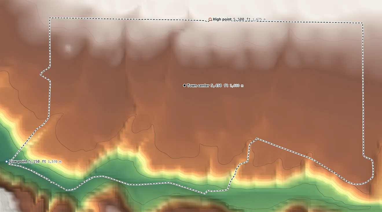 Topographic elevation map of Lazear, Colorado, shaded from 5,150 ft on the southwest side to 5,500 ft on the north side