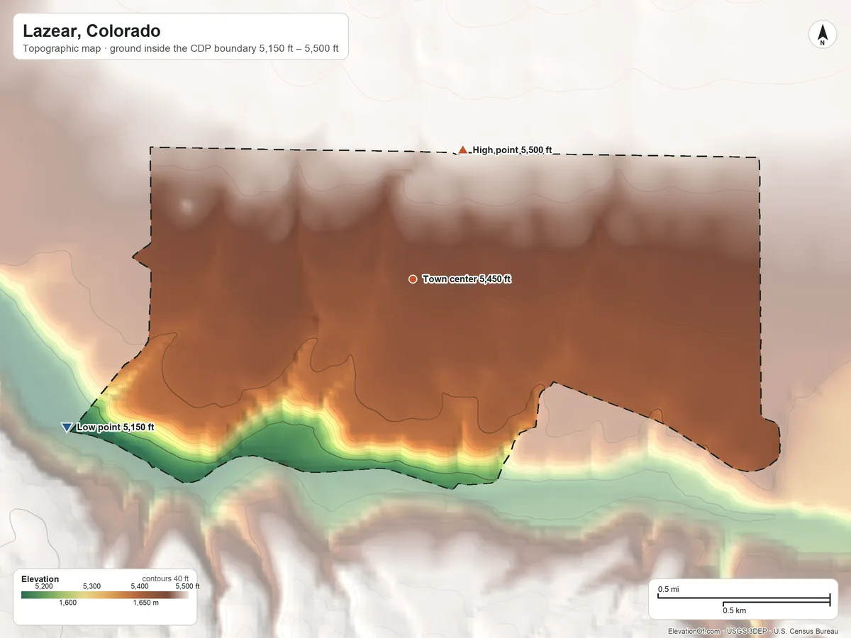 Topographic elevation map of Lazear, Colorado, shaded from 5,150 ft on the southwest side to 5,500 ft on the north side