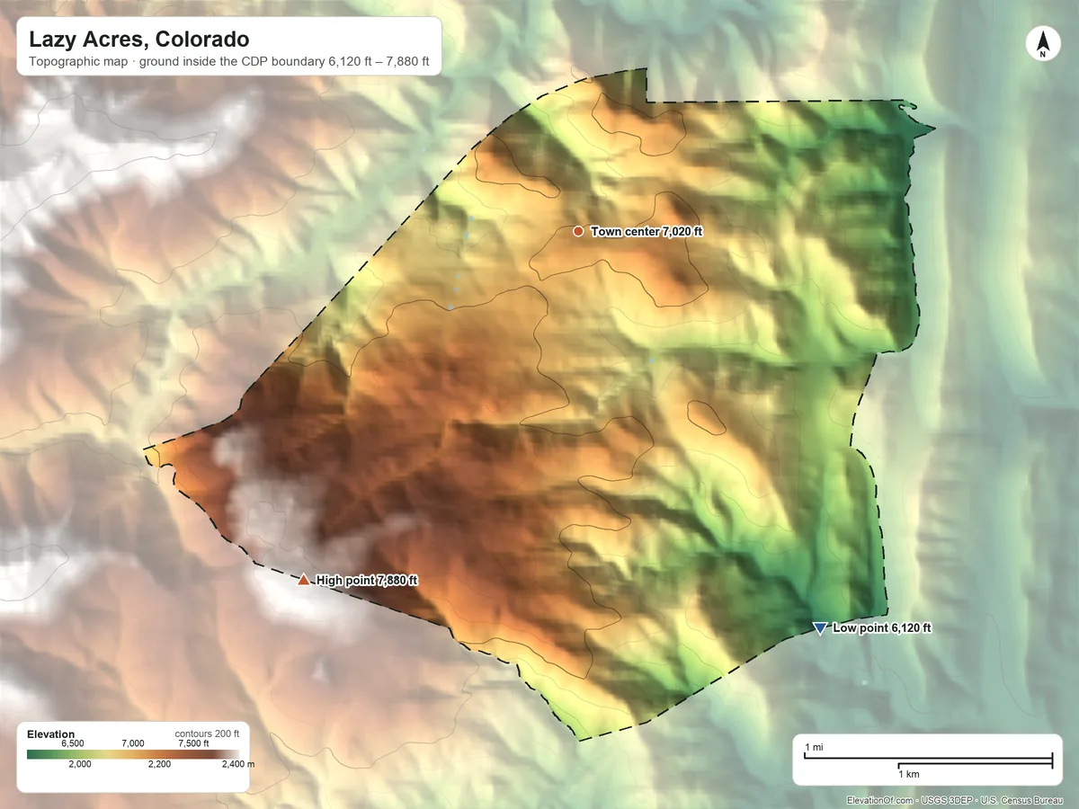 Topographic elevation map of Lazy Acres, Colorado, shaded from 6,120 ft on the southeast side to 7,880 ft on the southwest edge, below higher ground just outside