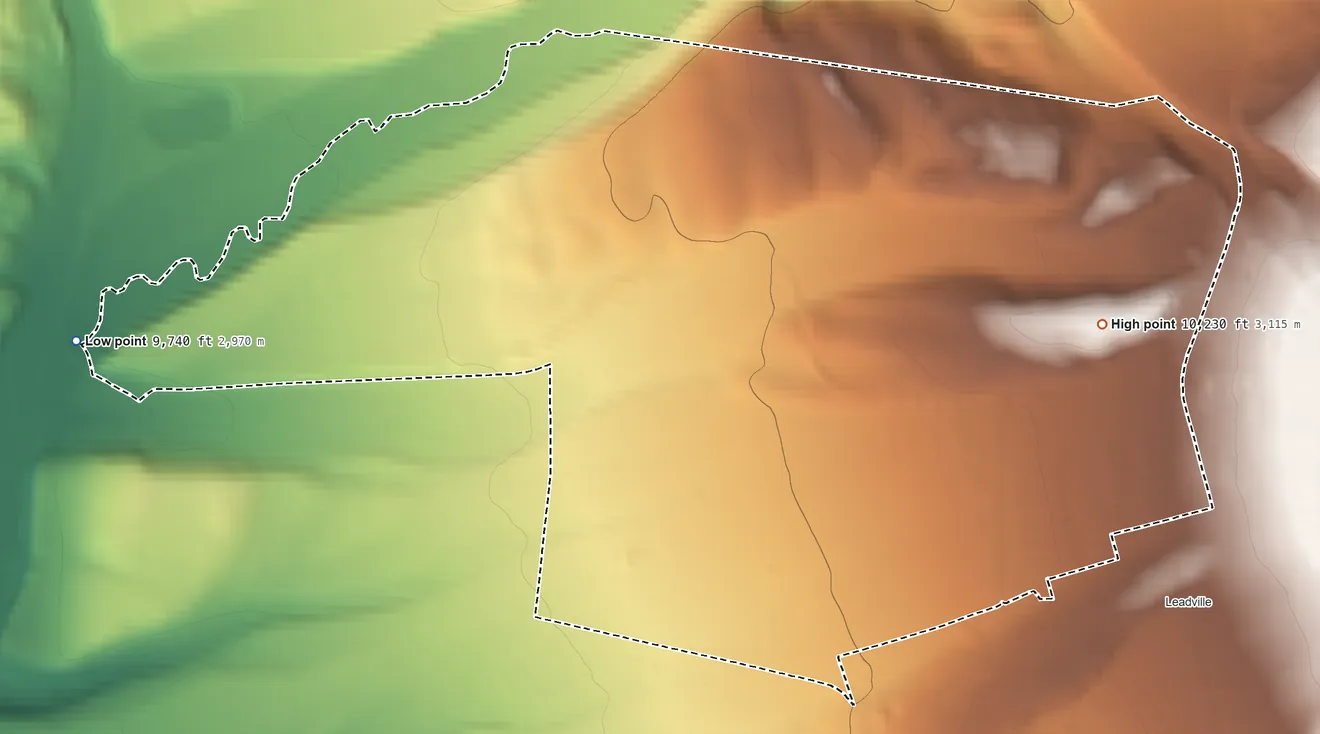 Topographic elevation map of Leadville North, Colorado, shaded from 9,740 ft on the west side to 10,230 ft at the foot of the Mosquito Range