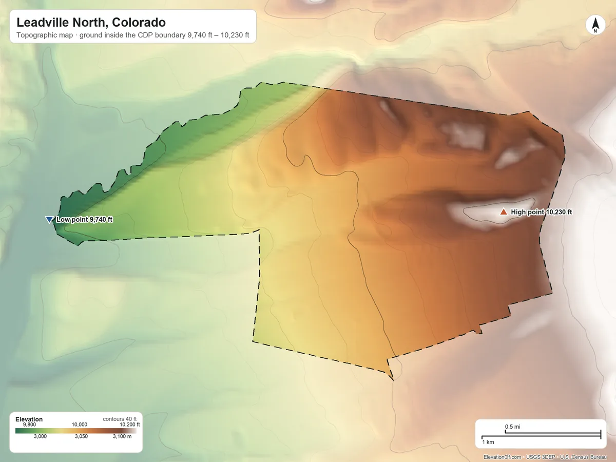 Topographic elevation map of Leadville North, Colorado, shaded from 9,740 ft on the west side to 10,230 ft at the foot of the Mosquito Range