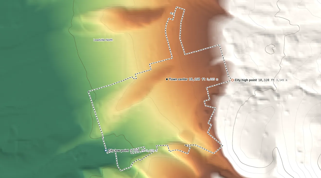 Topographic elevation map of Leadville, Colorado, shaded from 9,950 ft on the southwest side to 10,320 ft at the foot of the Mosquito Range