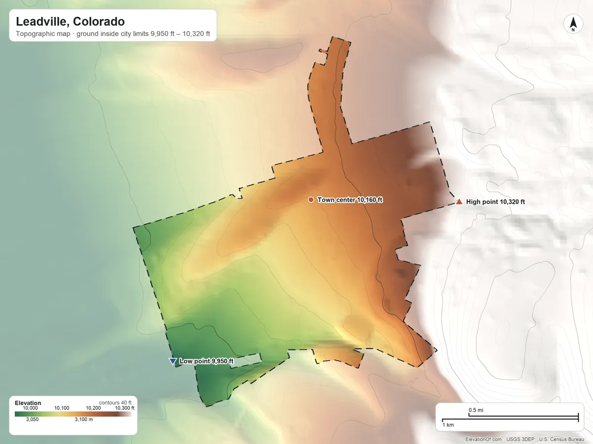 Topographic elevation map of Leadville, Colorado, shaded from 9,950 ft on the southwest side to 10,320 ft at the foot of the Mosquito Range