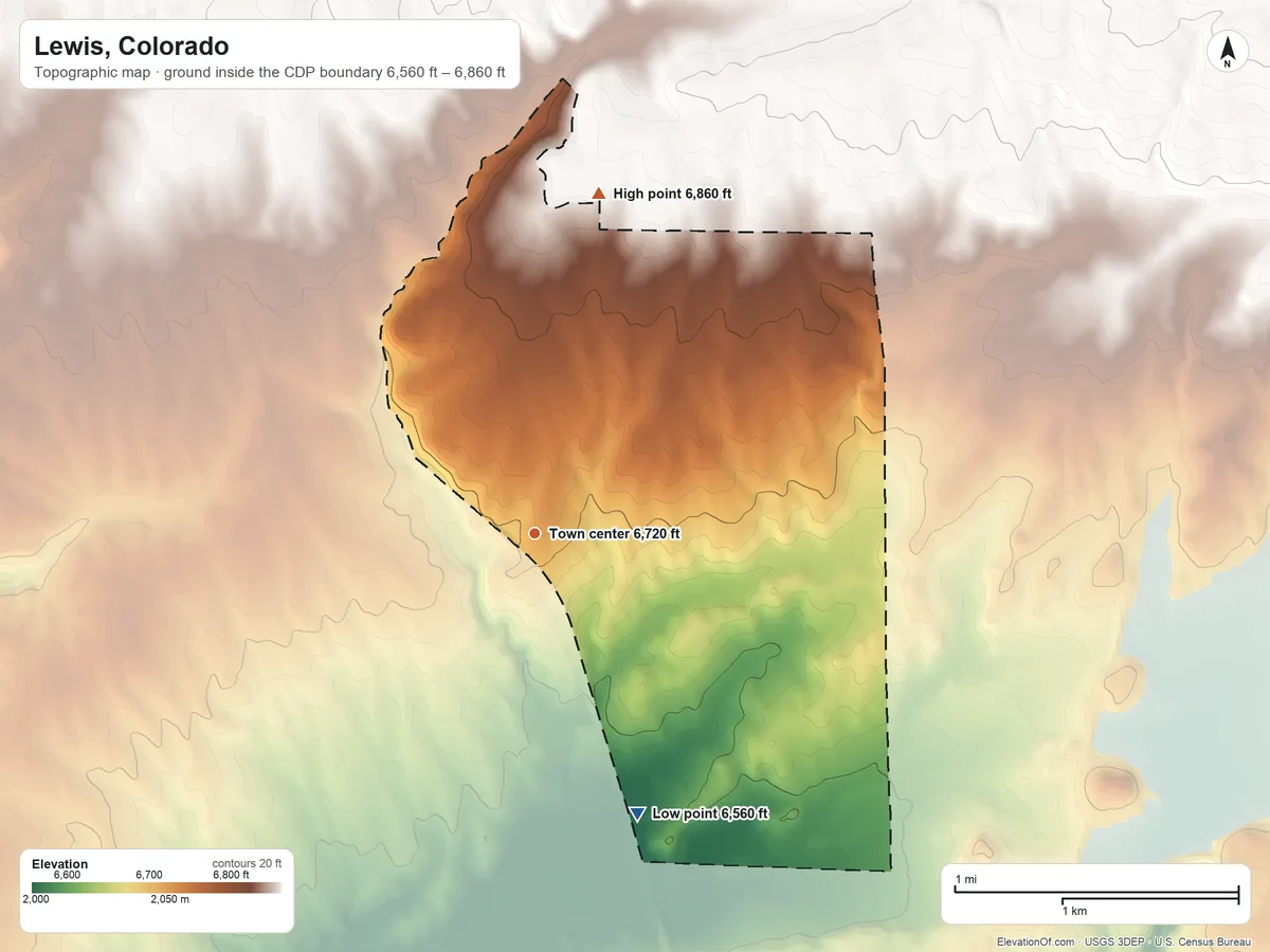 Topographic elevation map of Lewis, Colorado, shaded from 6,560 ft on the south side to 6,860 ft on the north side